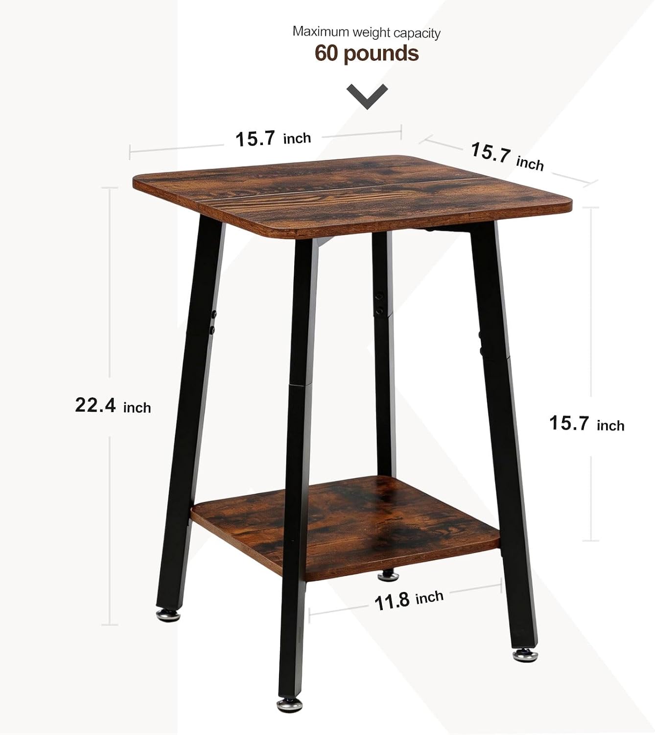 Rustic Brown Square Side Table with Two-Tier Storage
