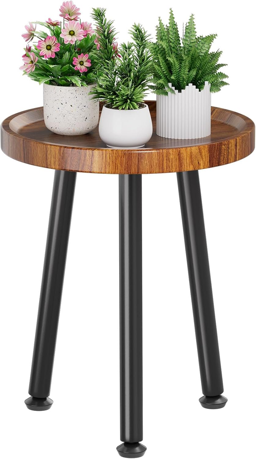 Mid-Century Walnut Plant Stand Side Table, Raised Edge