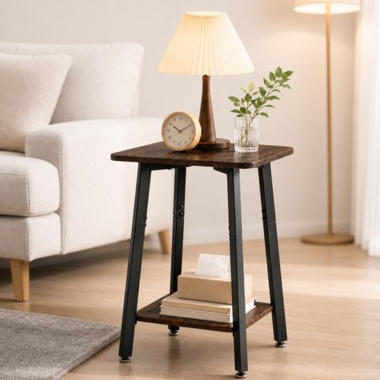 Rustic Brown Square Side Table with Two-Tier Storage