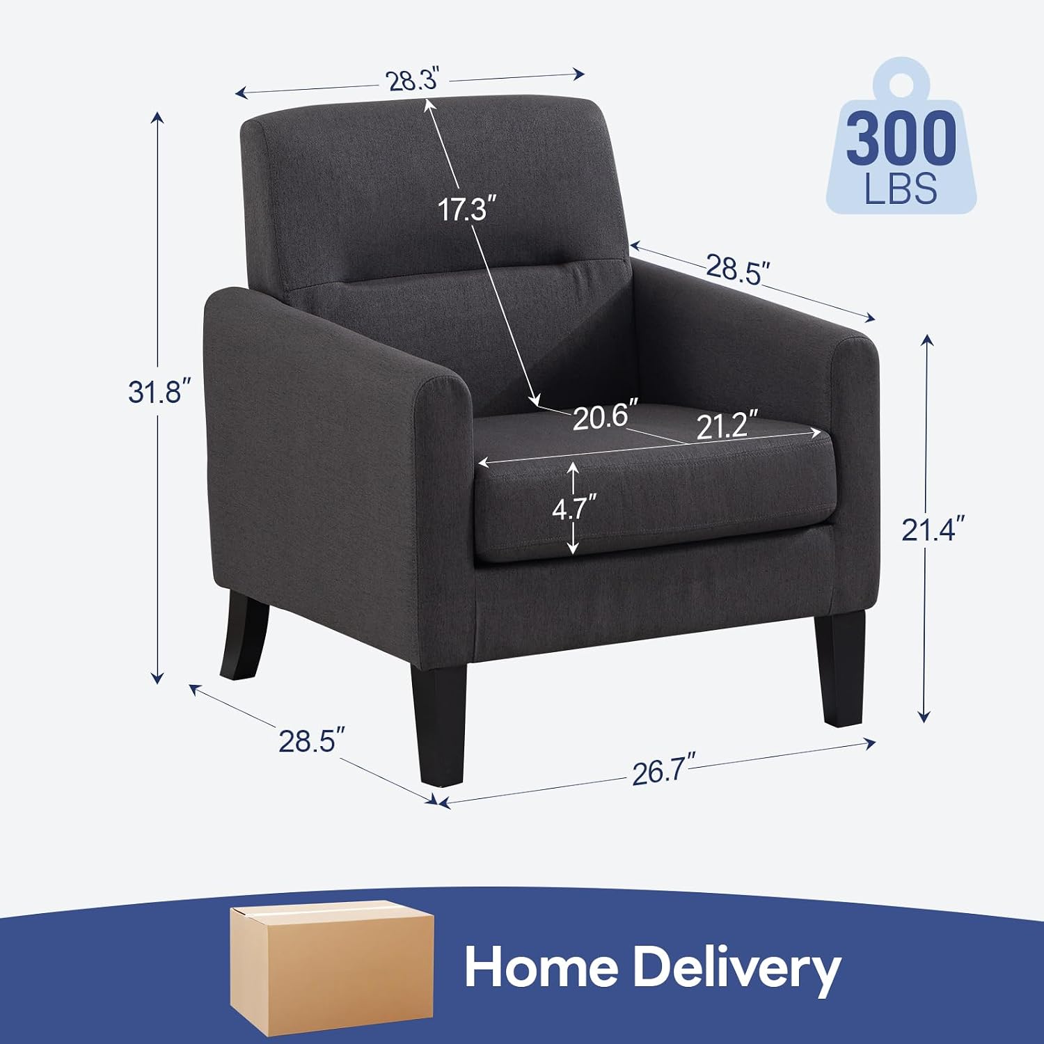 Dark Grey Mid-Century Accent Armchair for Sitting Room