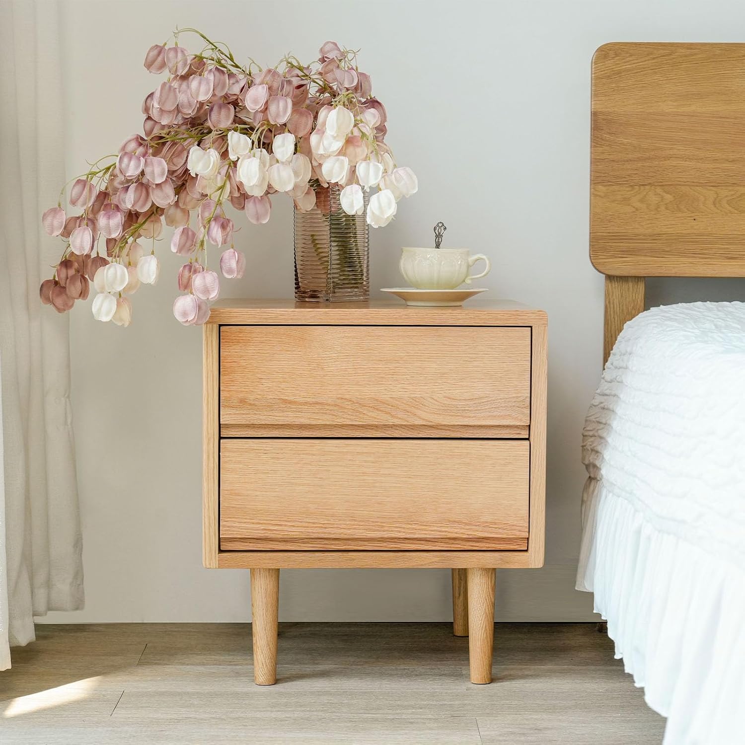 Oak Boho Two-Drawer Compact Nightstand