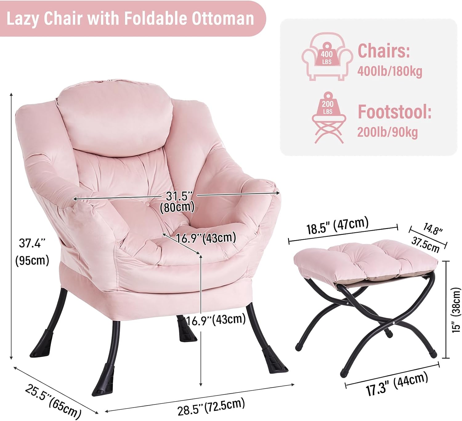 Pink Relaxation Armchair with Folding Footrest and Ottoman