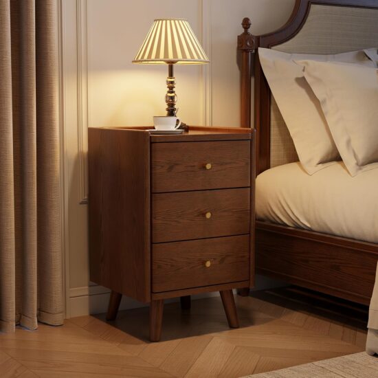 Tall Walnut Three-Drawer Mid-Century Nightstand