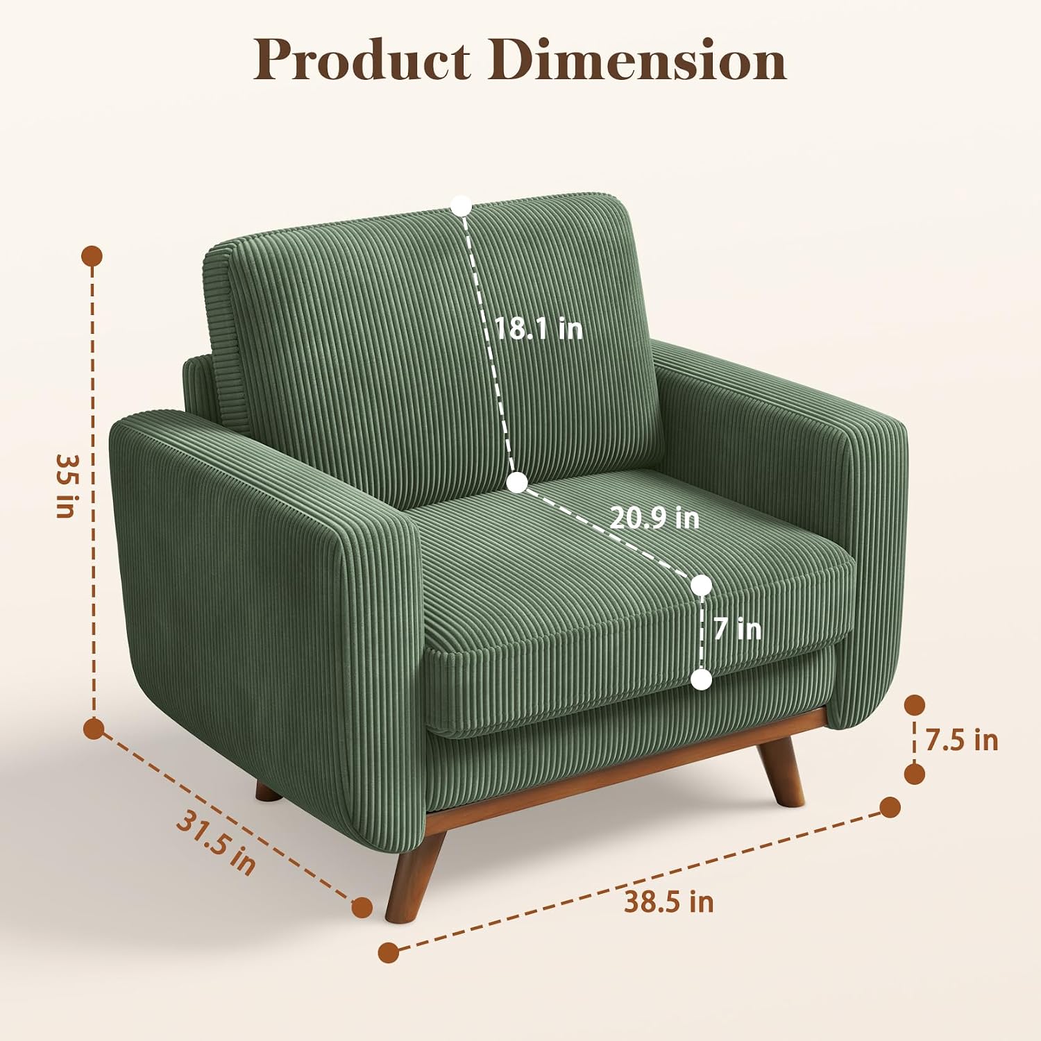 38.5" Green Corduroy Accent Armchair with Spring Cushion