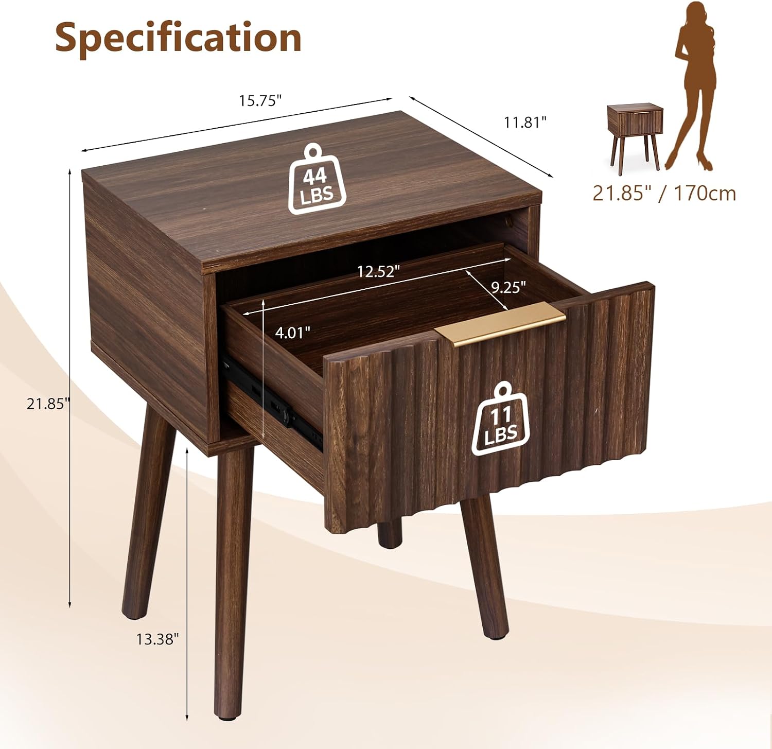 Pair of Fluted Walnut Single-Drawer Nightstands