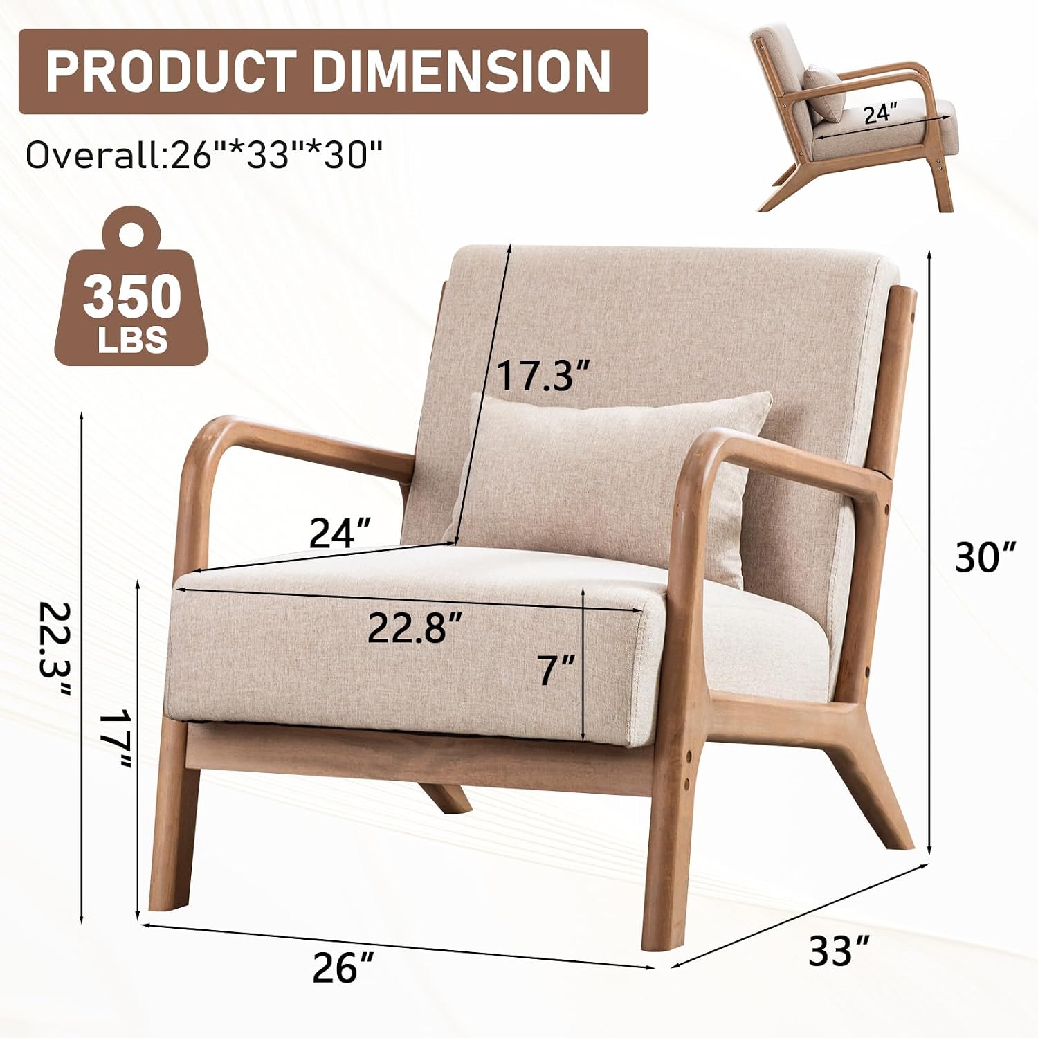 Beige Fabric Mid-Century Accent Armchair with Wood Frame