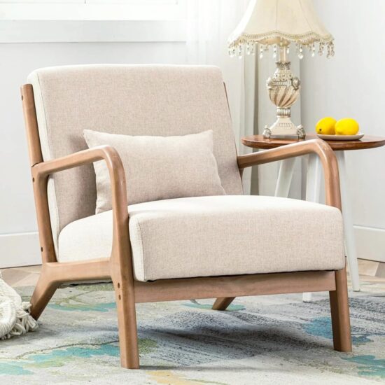 Beige Fabric Mid-Century Accent Armchair with Wood Frame