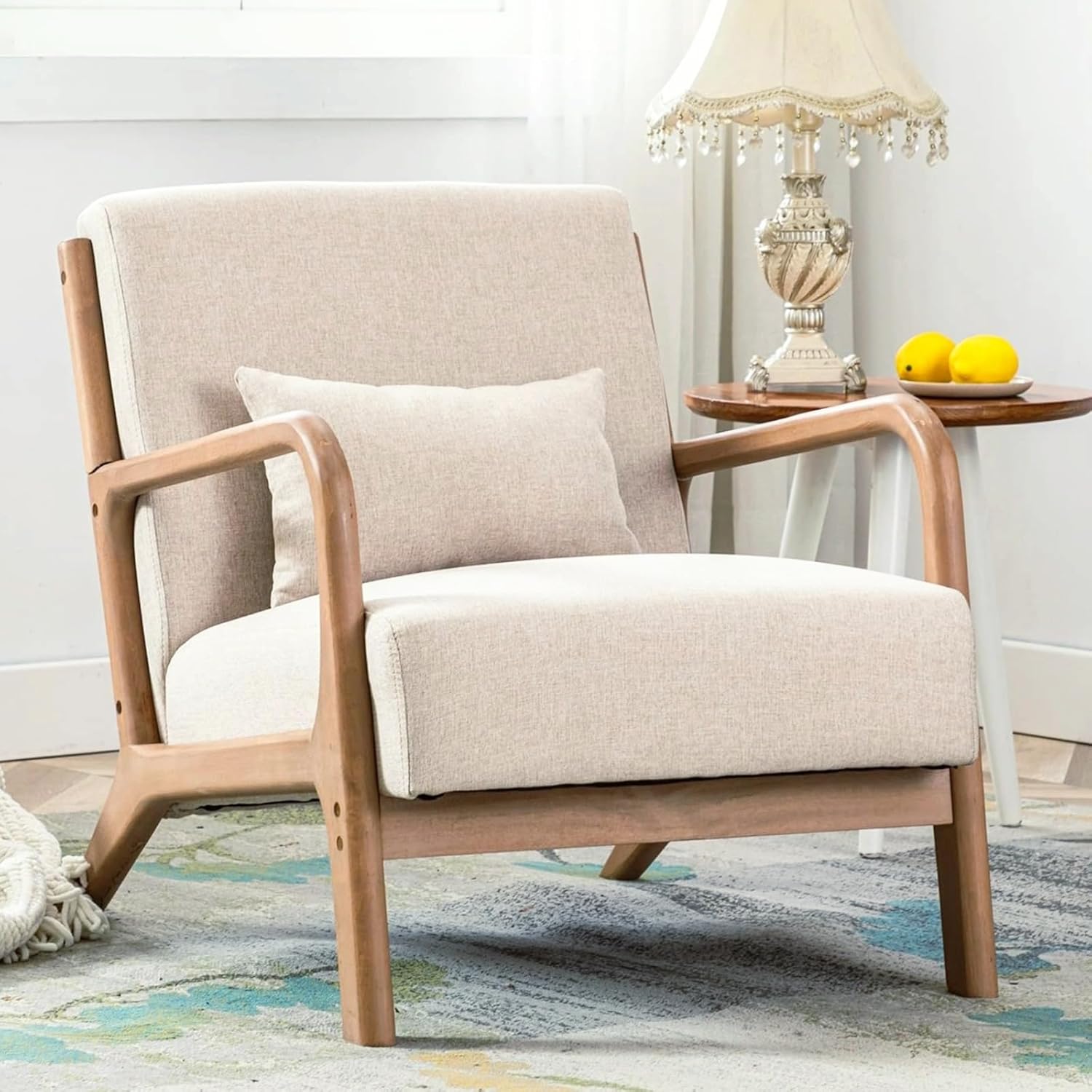 Beige Fabric Mid-Century Accent Armchair with Wood Frame