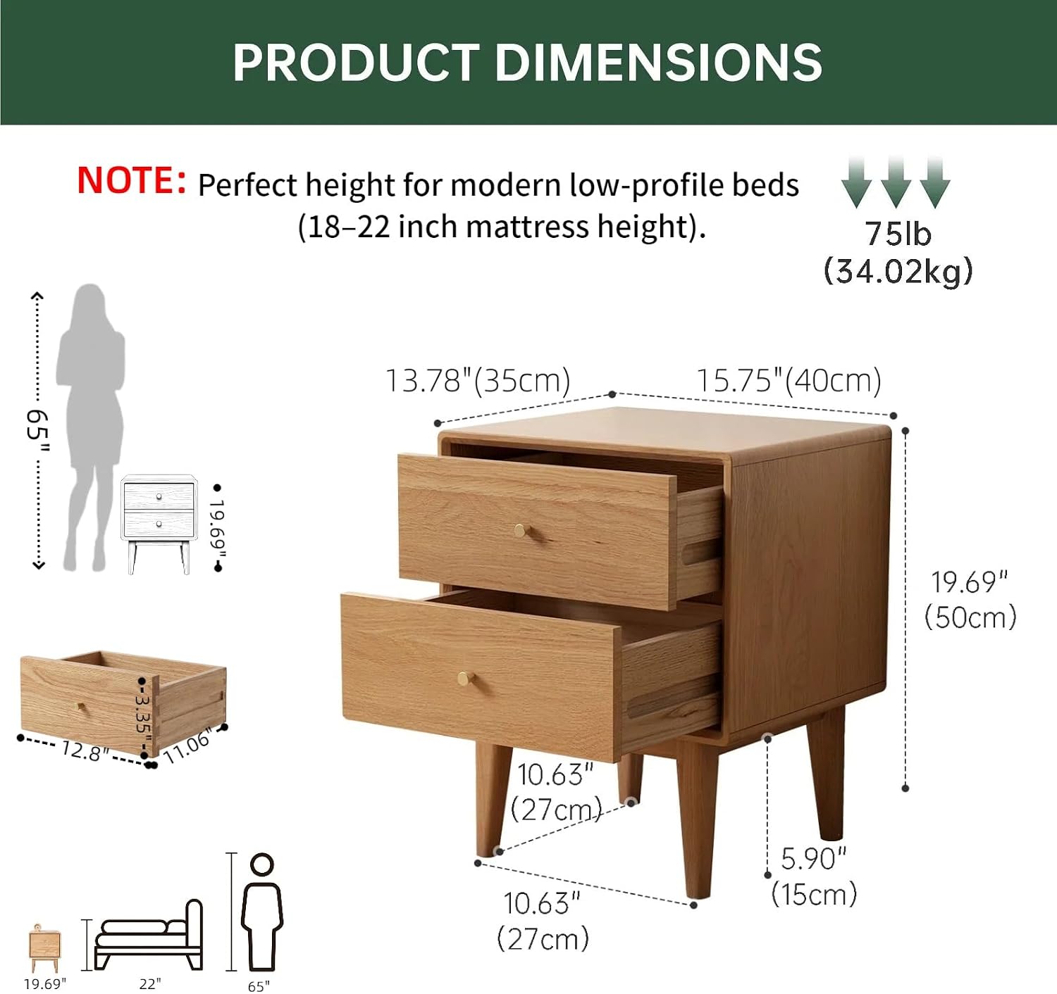 Pair of Oak Two-Drawer Mid-Century Nightstands