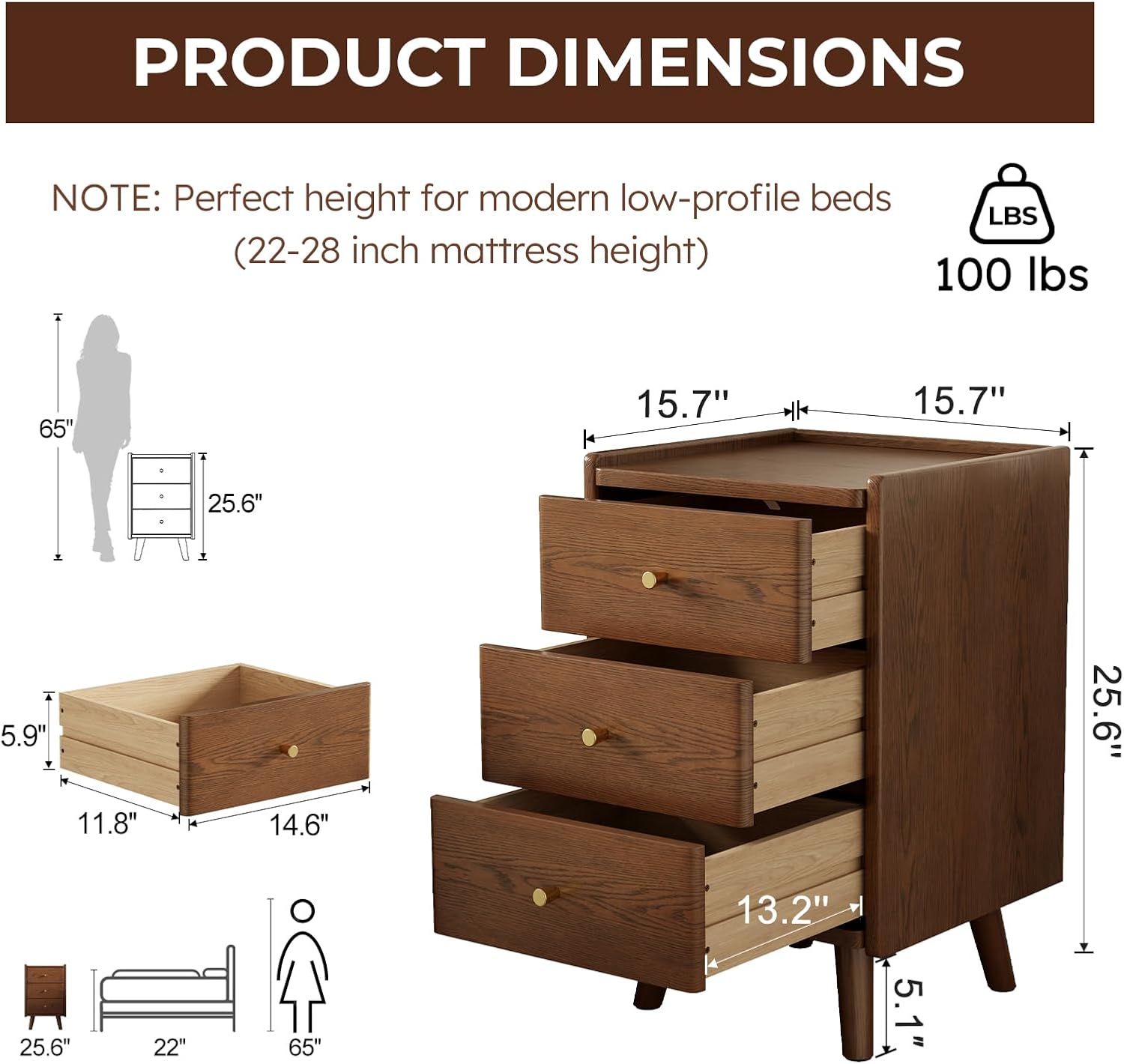 Tall Walnut Three-Drawer Mid-Century Nightstand