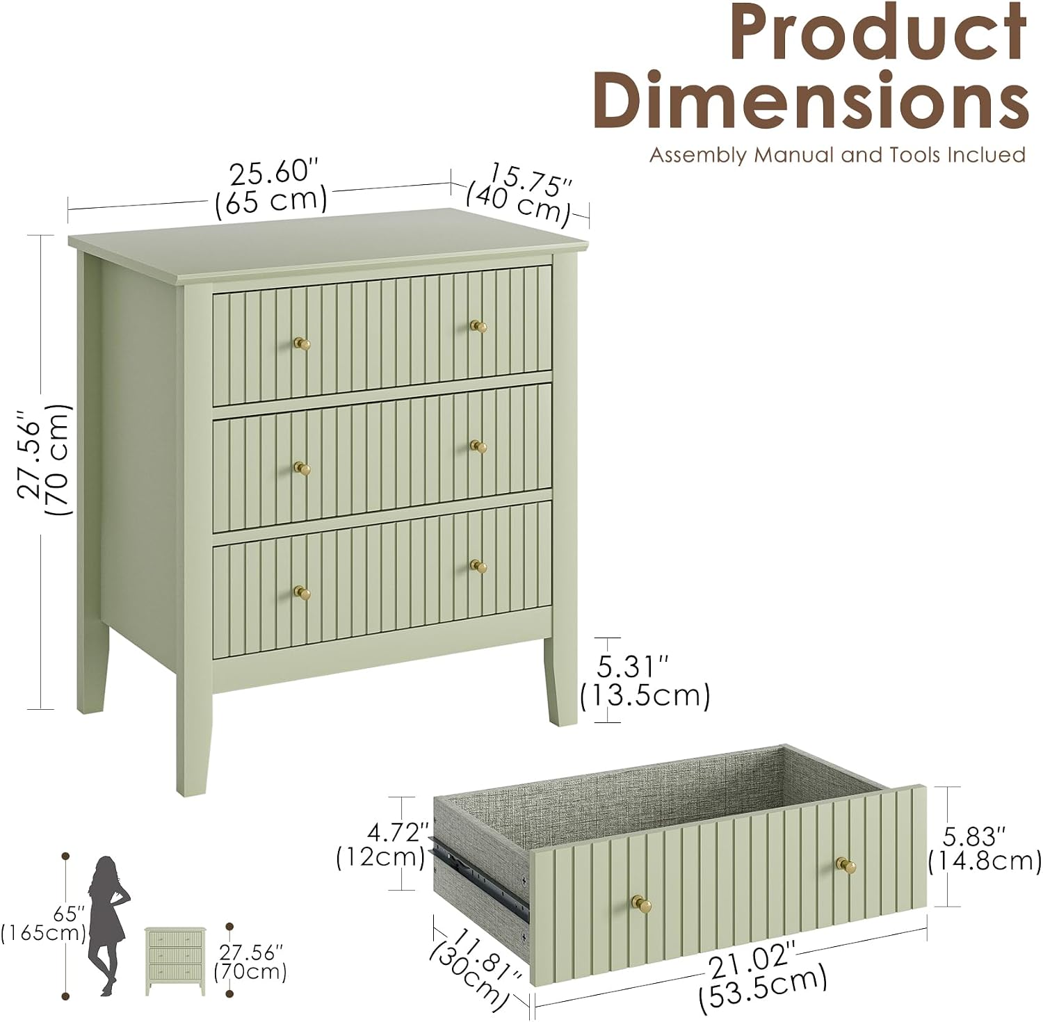 Pale Green Fluted Three-Drawer Nightstand