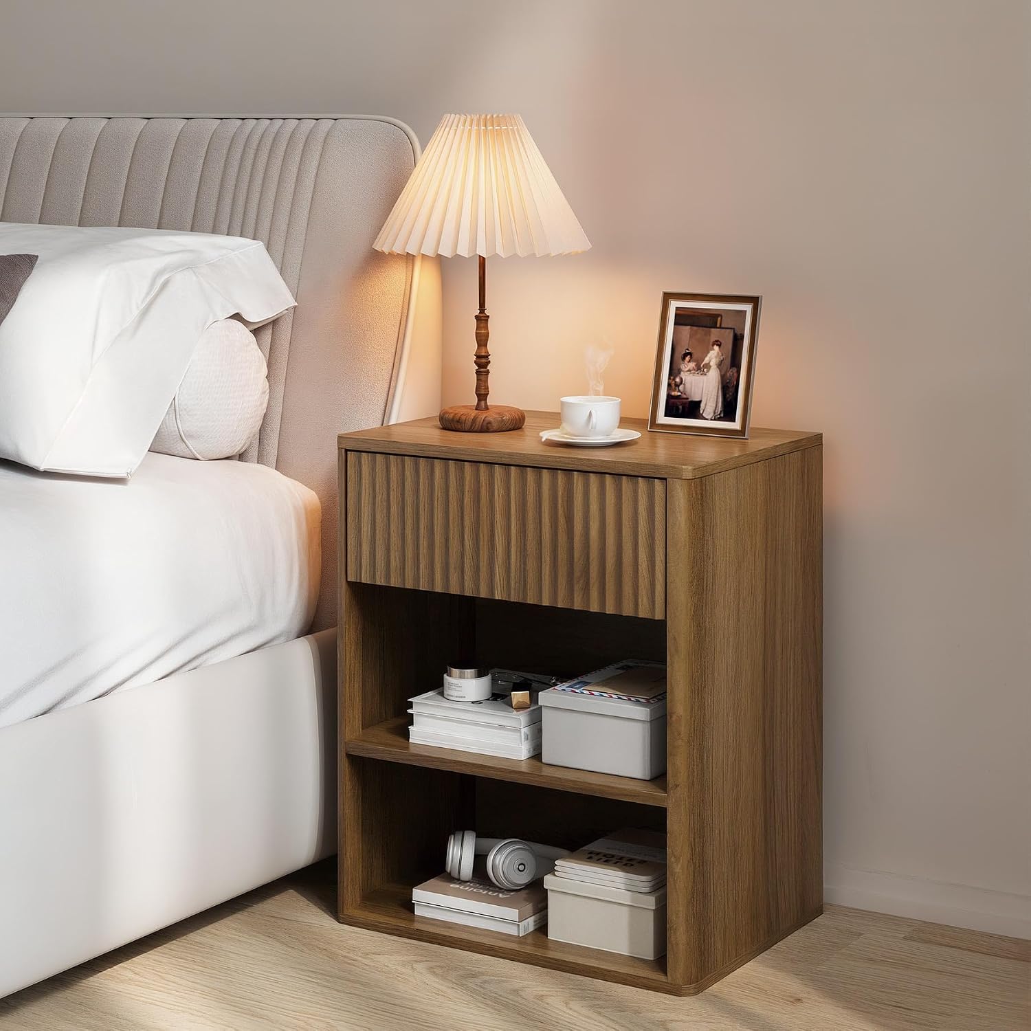 Walnut Fluted Single-Drawer Open Shelf Nightstand