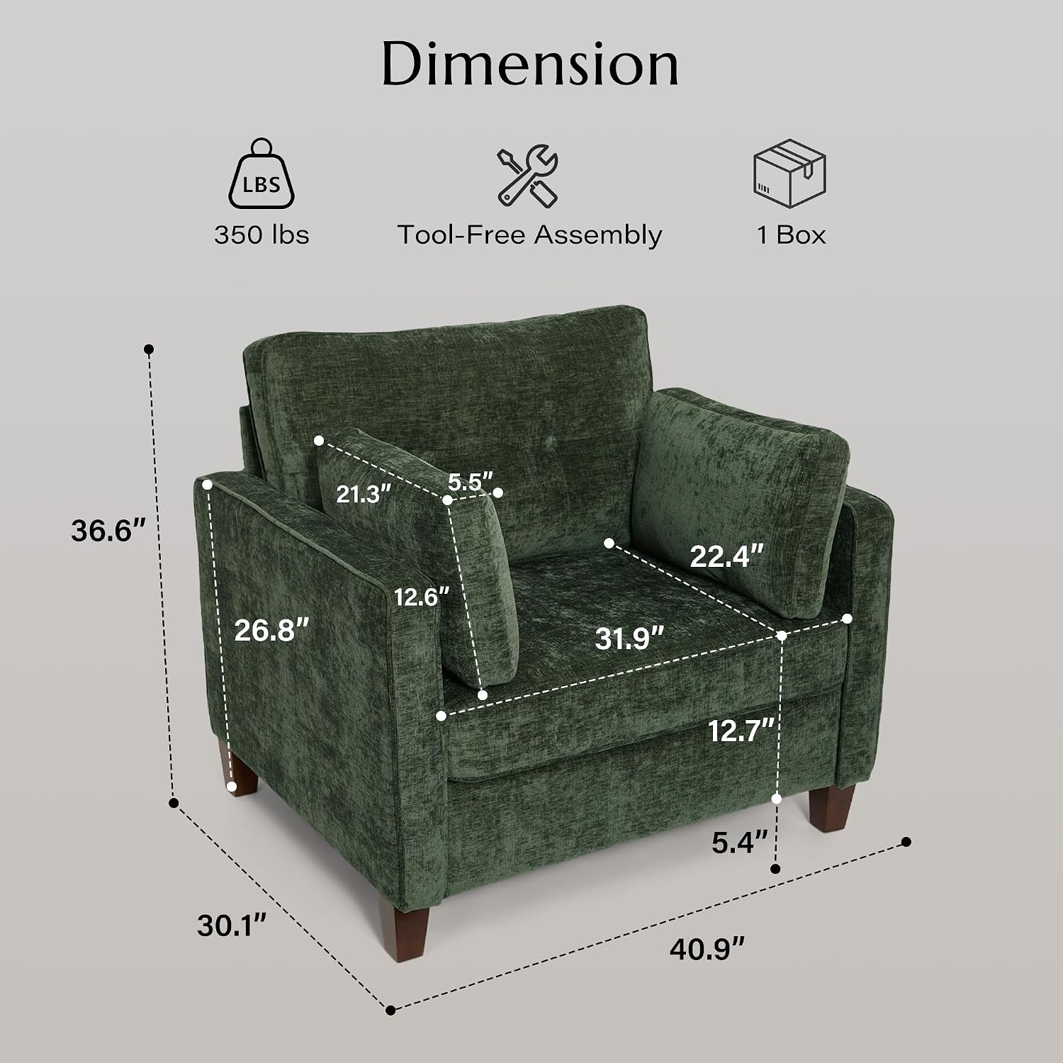 Large Green Chenille Reading Armchair, 41"