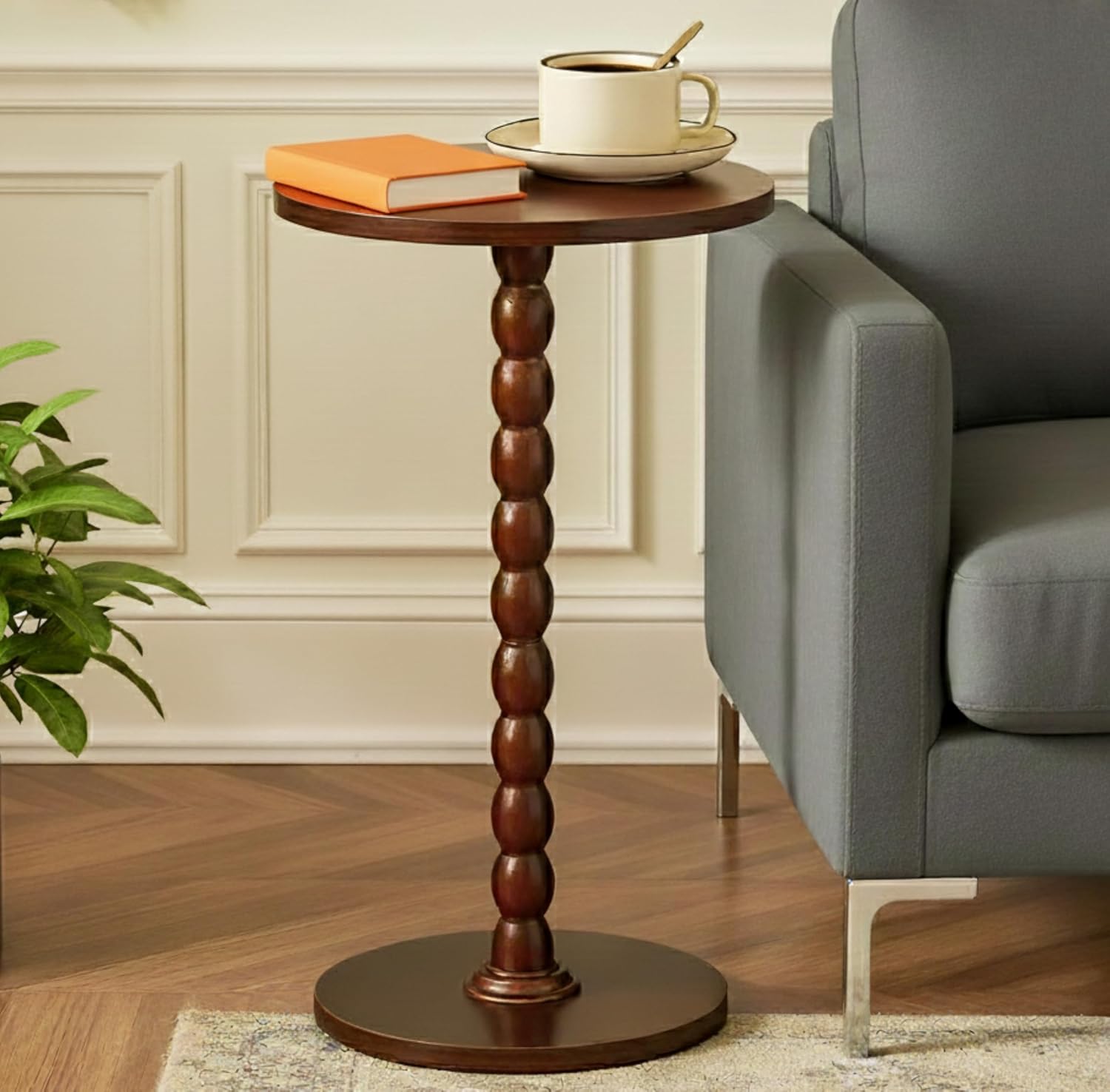 Walnut Round Pedestal Side Table, Tool-Free Assembly