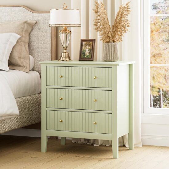 Pale Green Fluted Three-Drawer Nightstand
