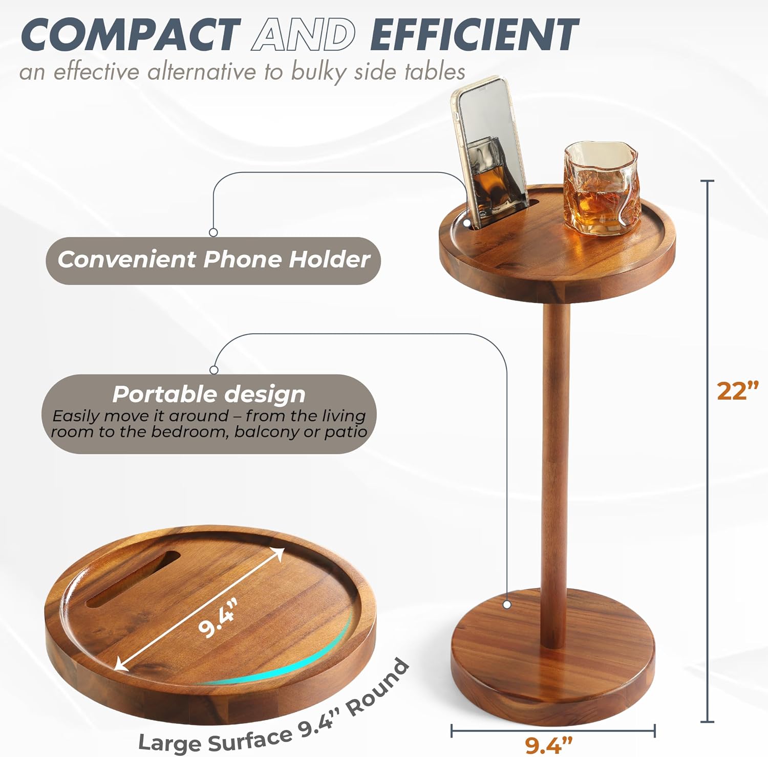 22" Acacia Pedestal Beverage Table with Phone Slot