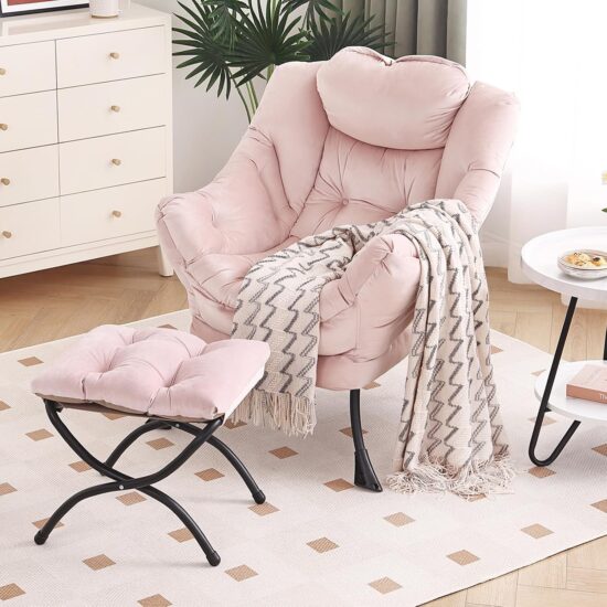 Pink Relaxation Armchair with Folding Footrest and Ottoman