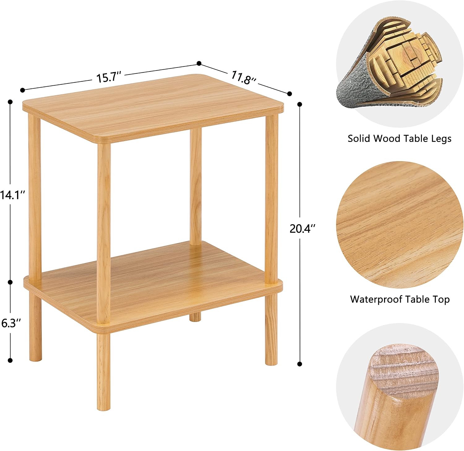 Two-Tier Side Table with Solid Wood Legs, Natural