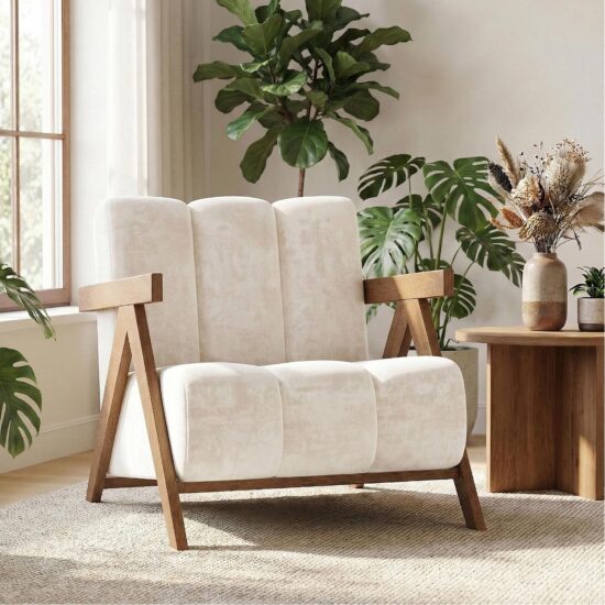 White Chenille Accent Armchair with Wood Frame