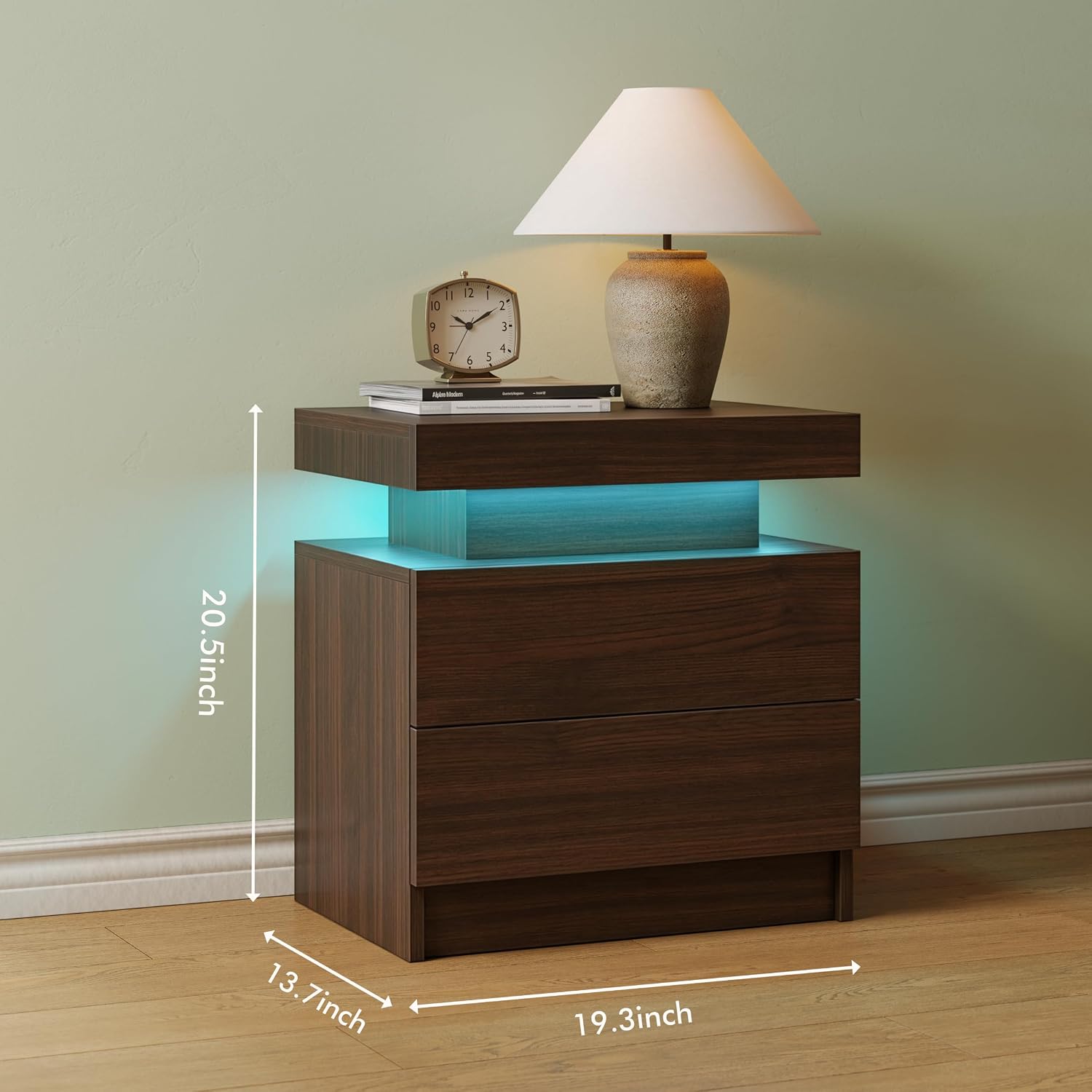 Modern Walnut LED Two-Drawer Nightstand