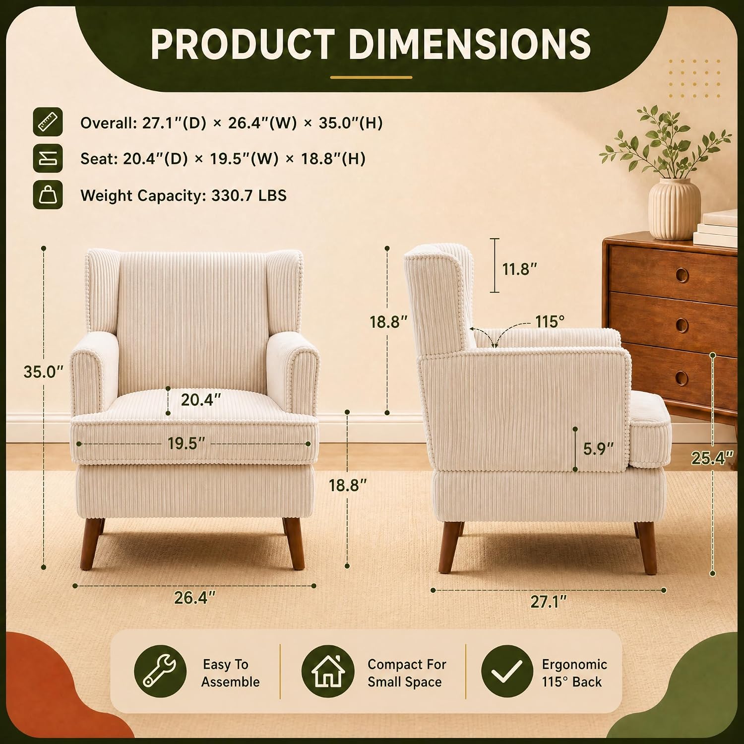 26" Corduroy Wingback Accent Armchair for Bedroom