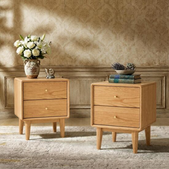 Pair of Oak Two-Drawer Mid-Century Nightstands