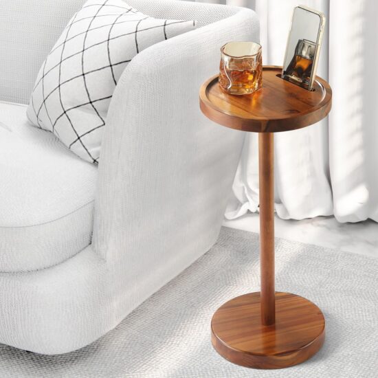 22" Acacia Pedestal Beverage Table with Phone Slot