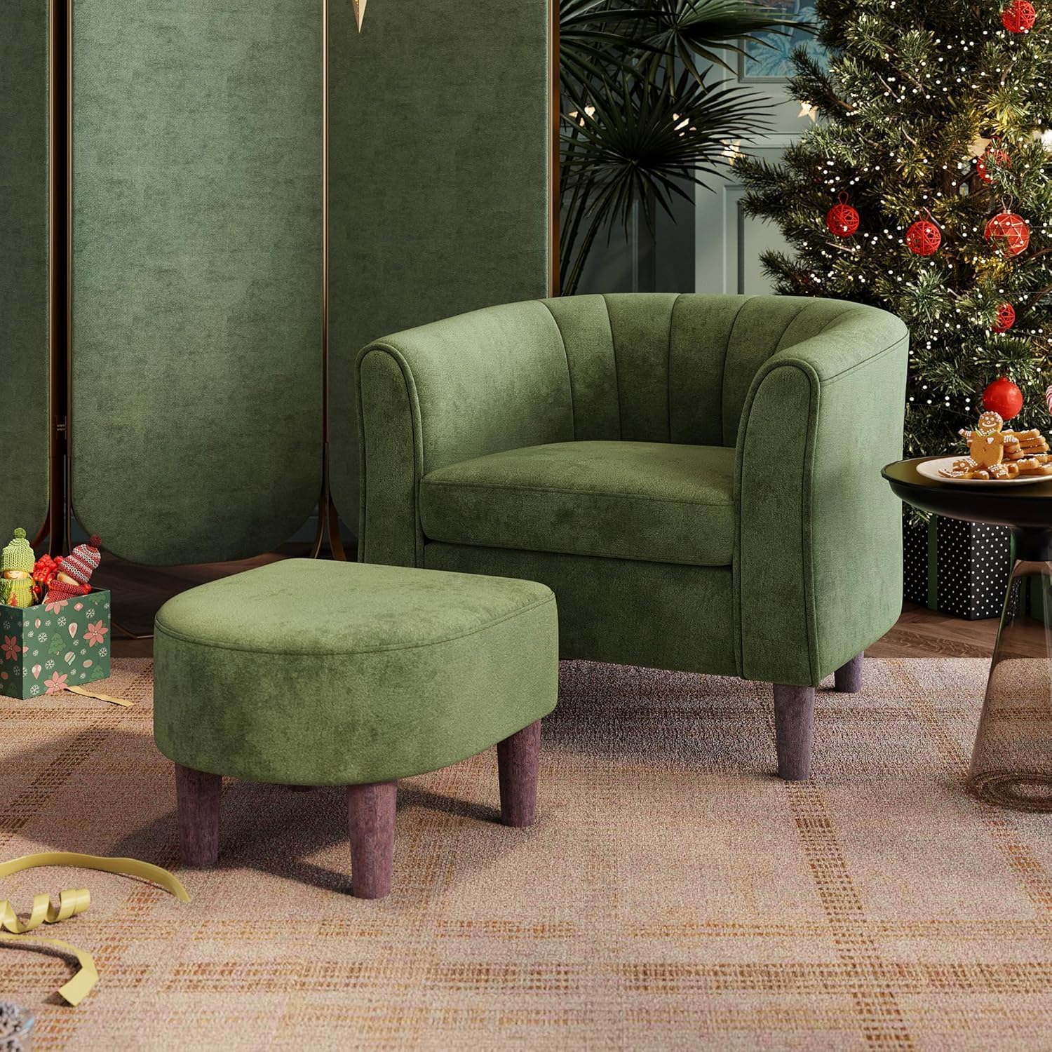 Olive Green Velvet Accent Armchair with Footstool