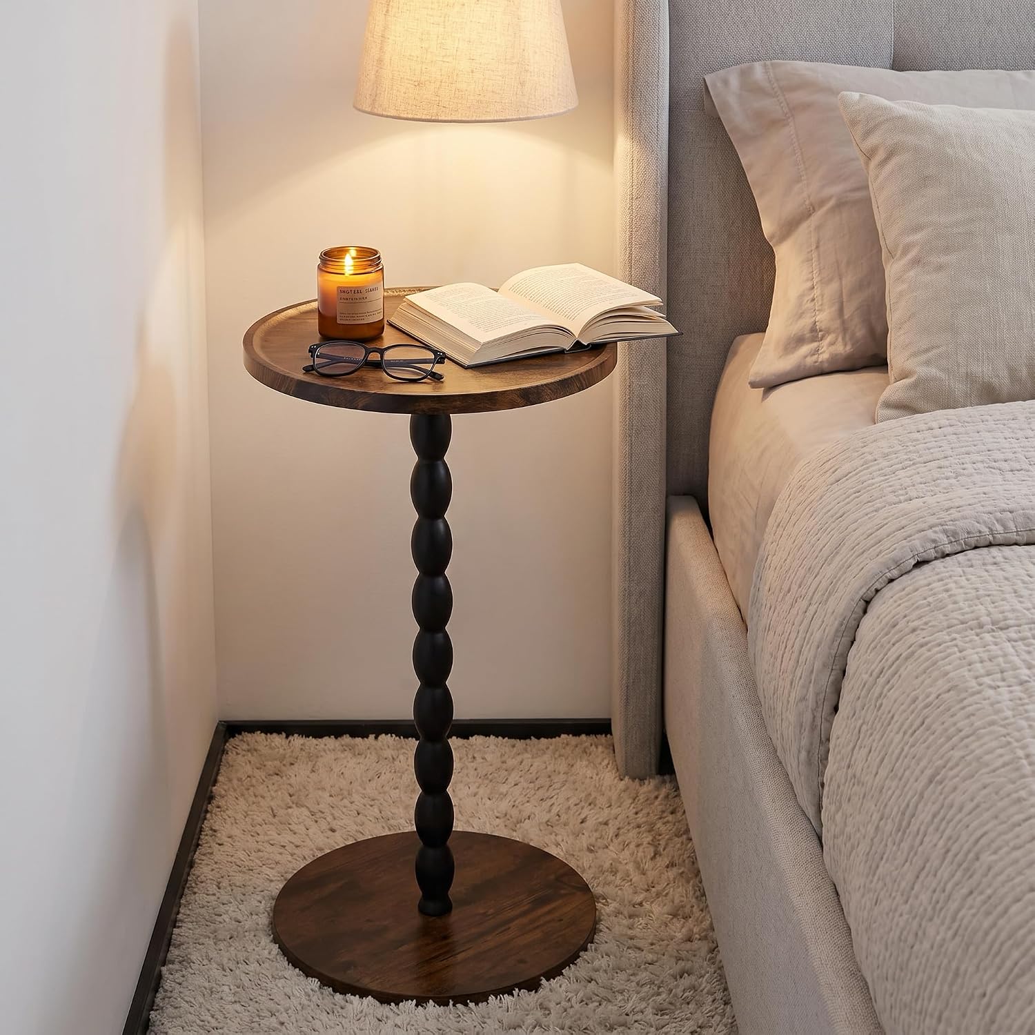 Mid-Century Wooden Beverage Side Table with Raised Edge