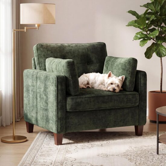 Large Green Chenille Reading Armchair, 41"