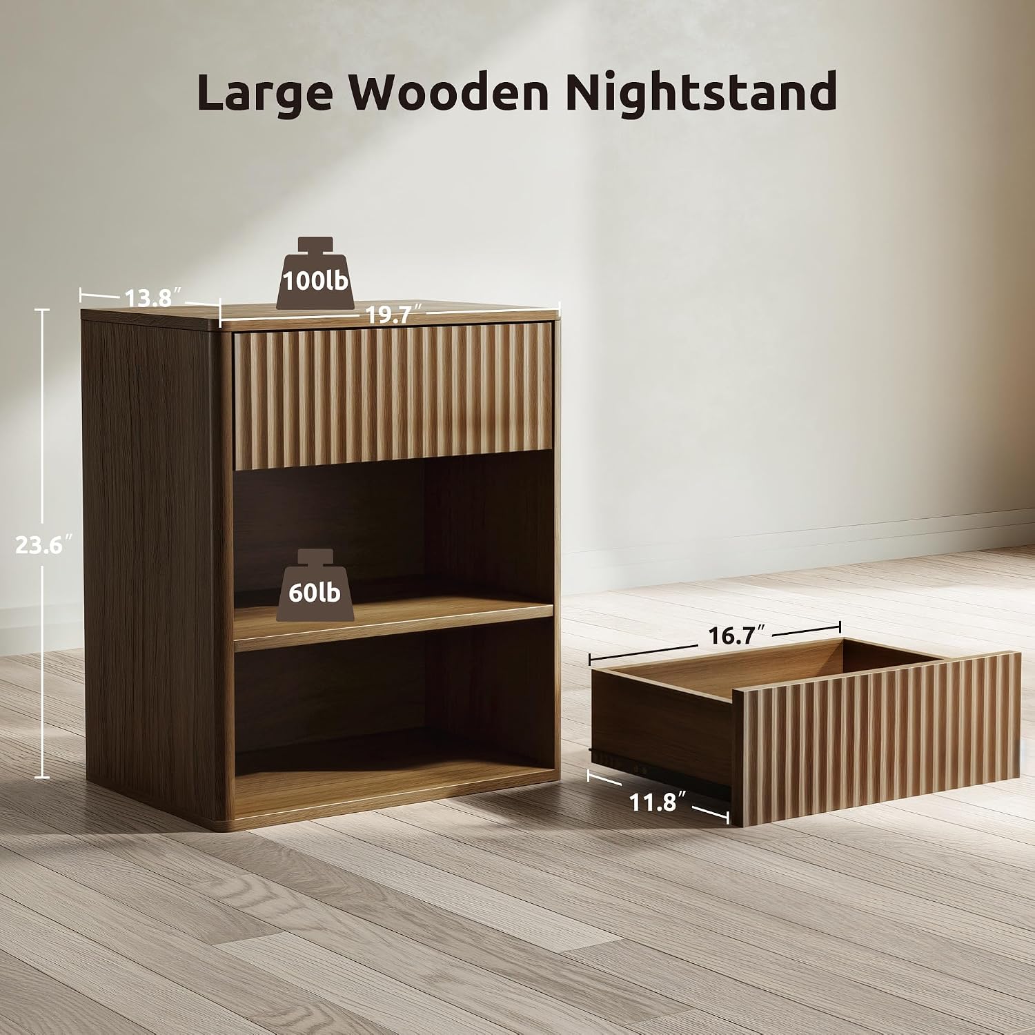Walnut Fluted Single-Drawer Open Shelf Nightstand