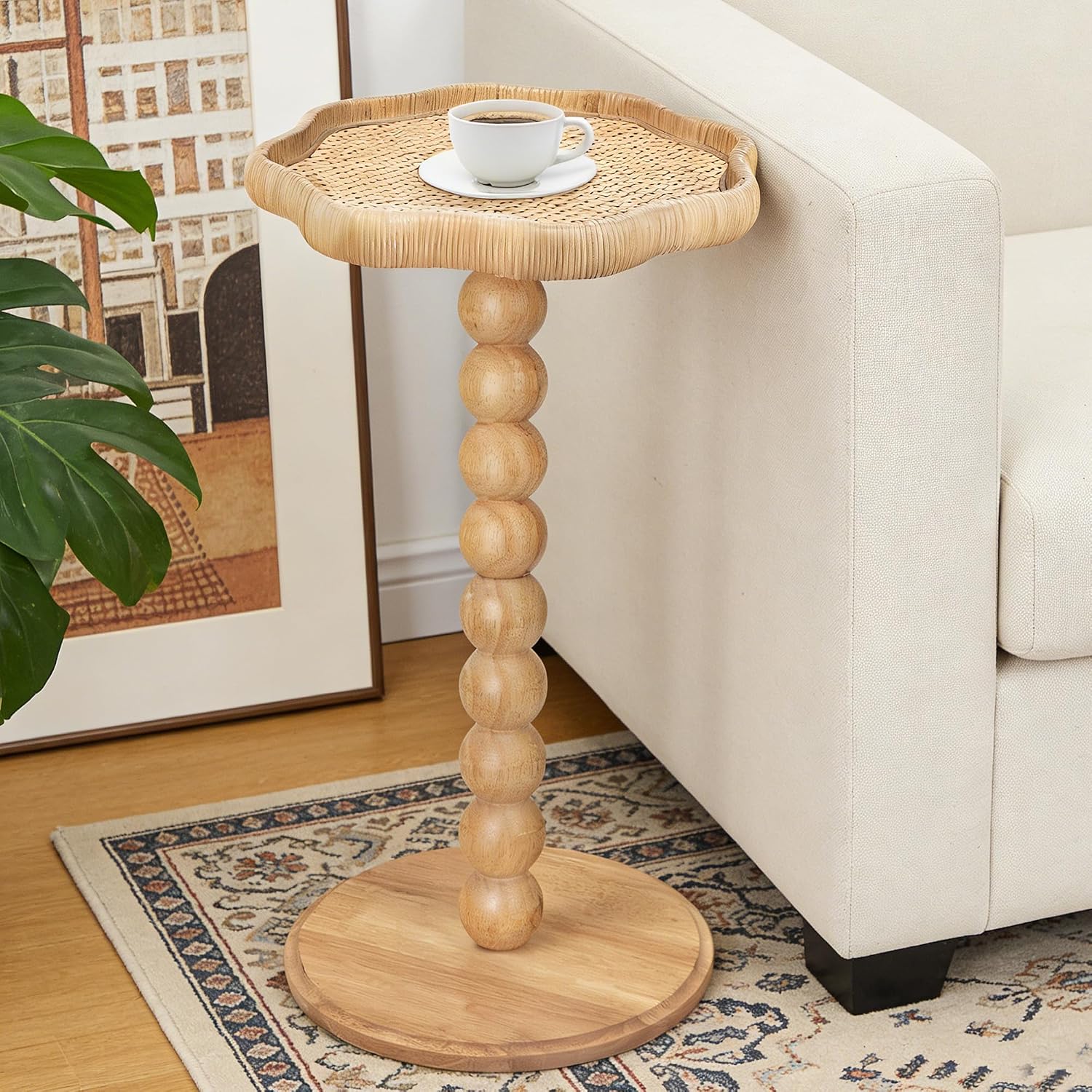 Bohemian Rattan Flower Side Table, Solid Wood