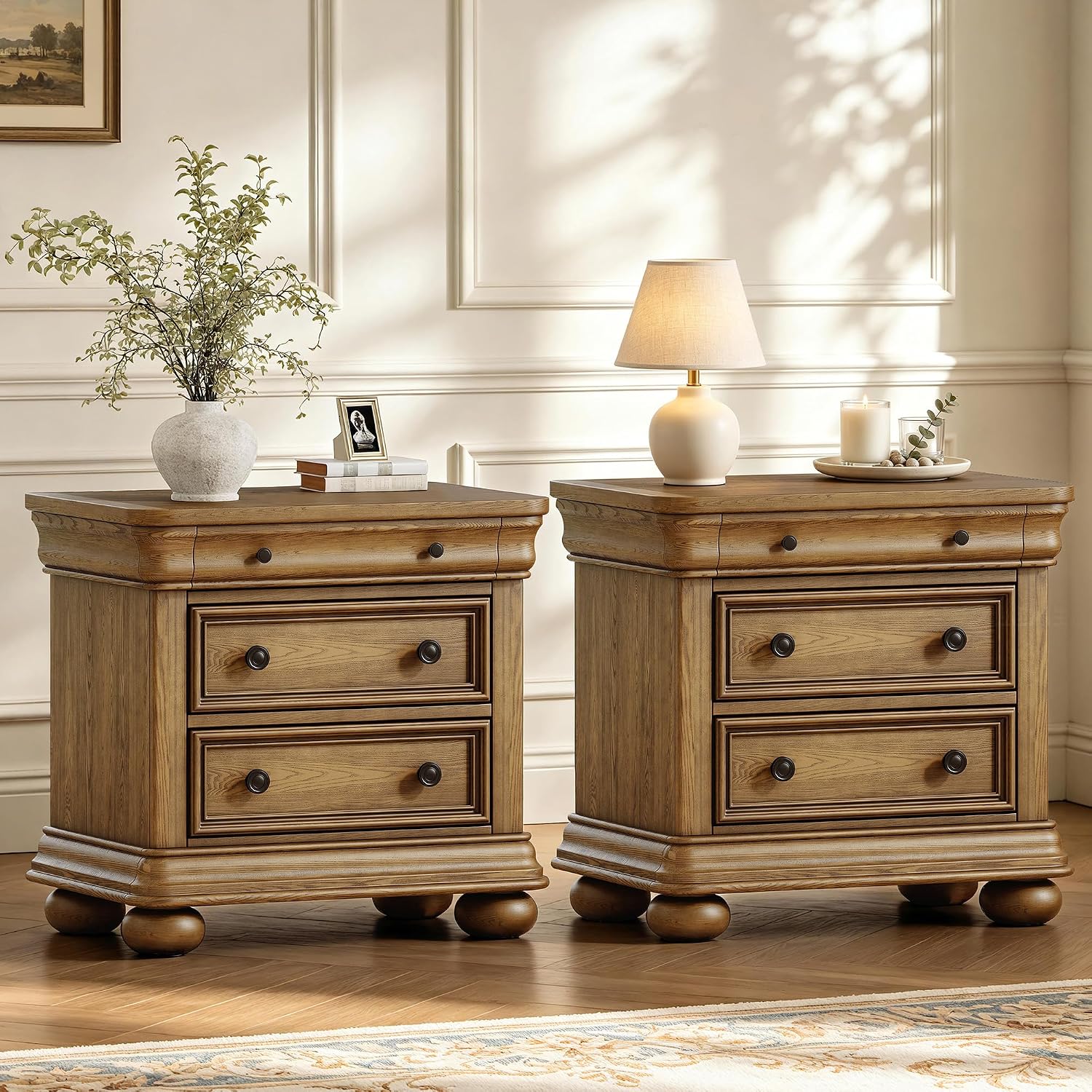 Pair of Solid Wood Three-Drawer Bedside Chests