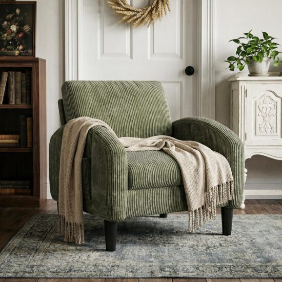 Green Accent Armchair with Side Pockets, Curved Back