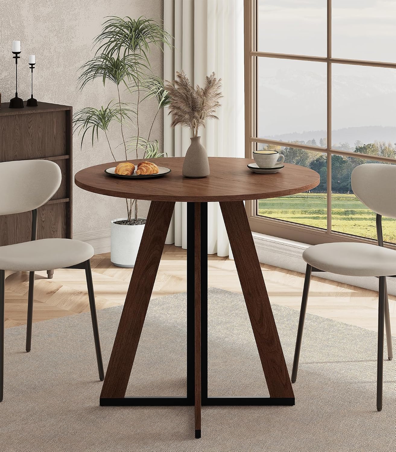 31.5" Walnut Round Dining Table with Metal Legs