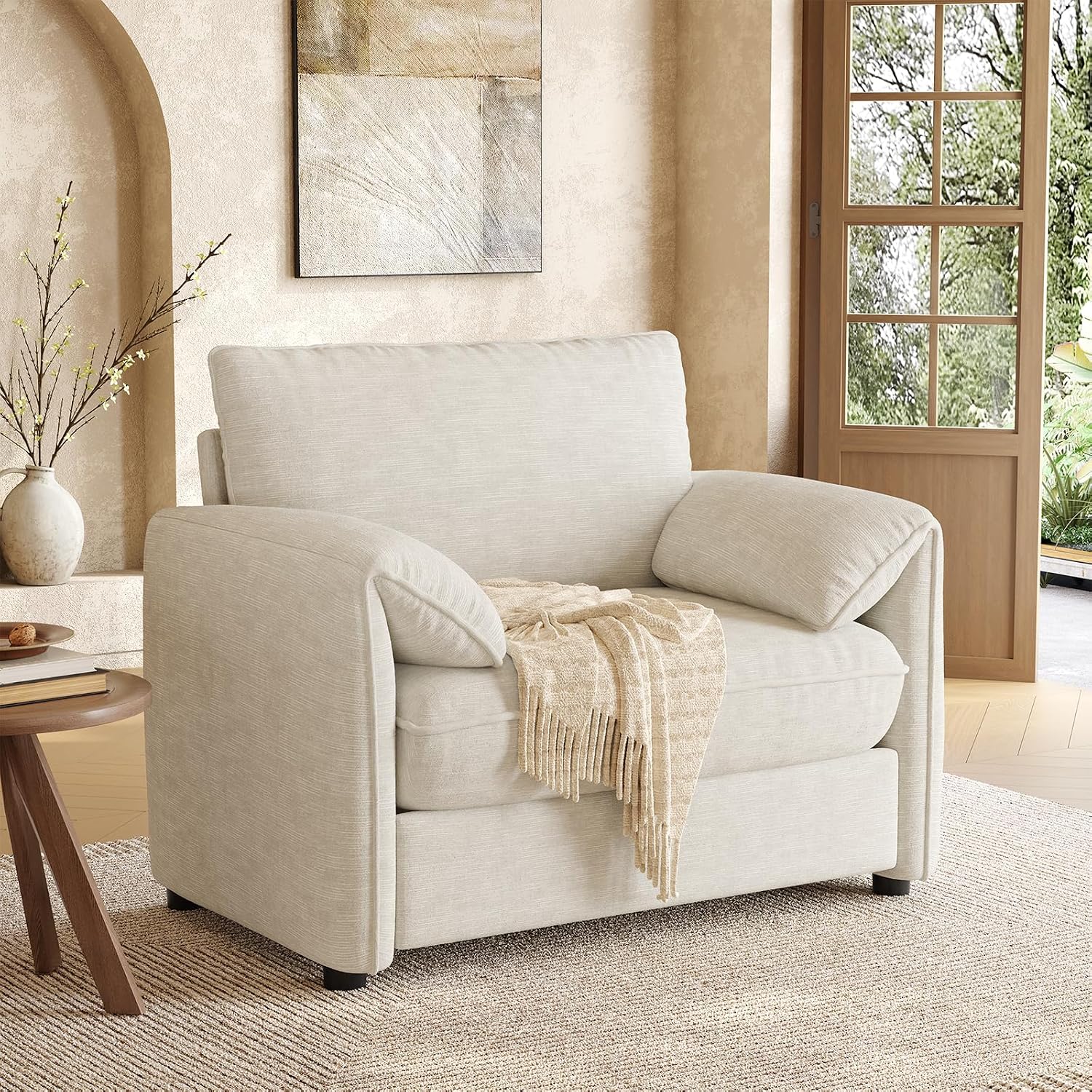 Large Beige Chenille Accent Armchair, 41"
