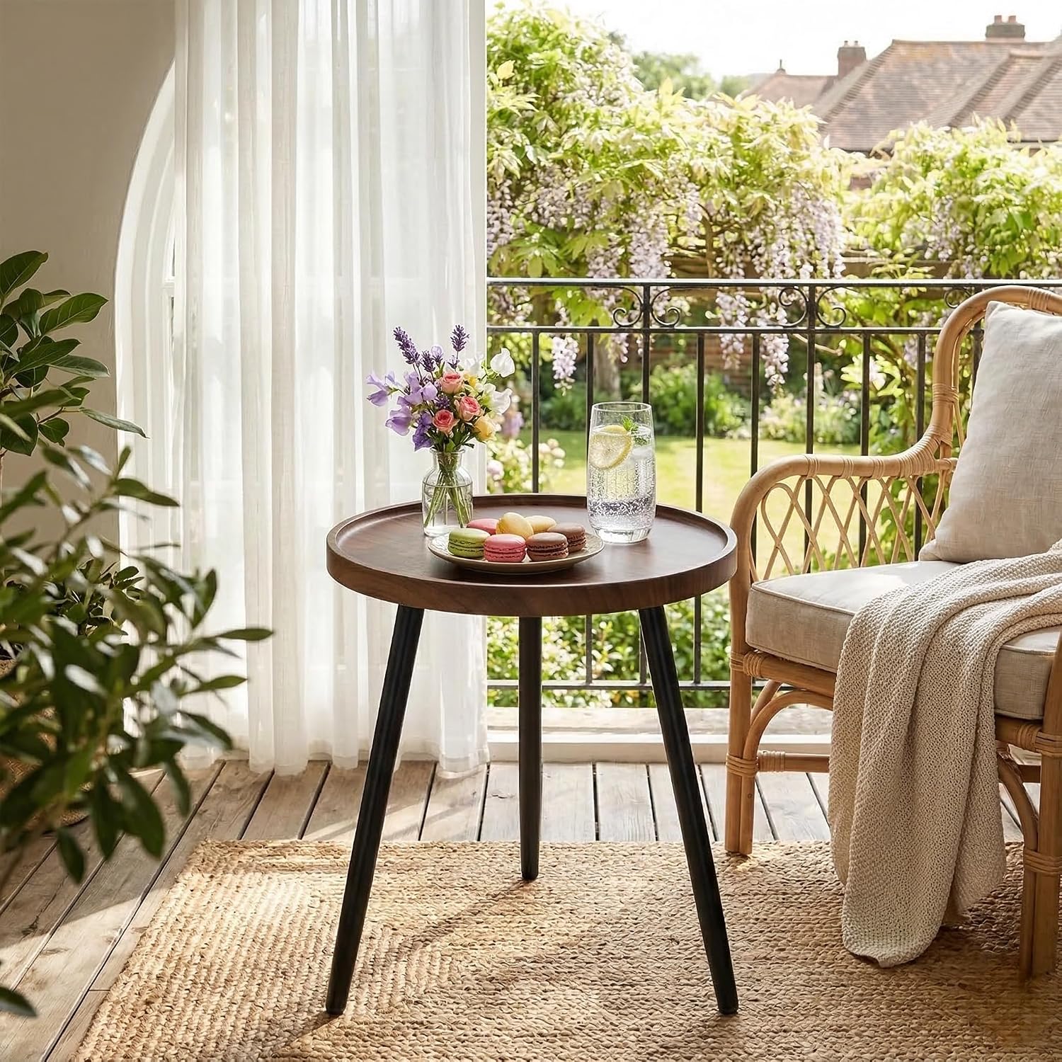 Small Gold Side Table with Wooden Tray